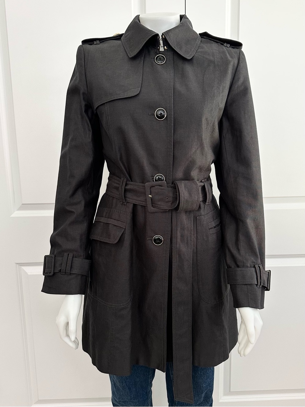 Classic Belted Trench Coat in Charcoal Grey Mid Weight Single Breasted